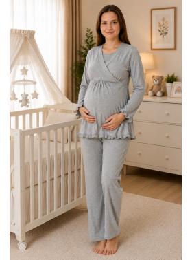 Effortt 4042 Gri Gizli Emzirme Özellikli Lohusa Pijama Takımı